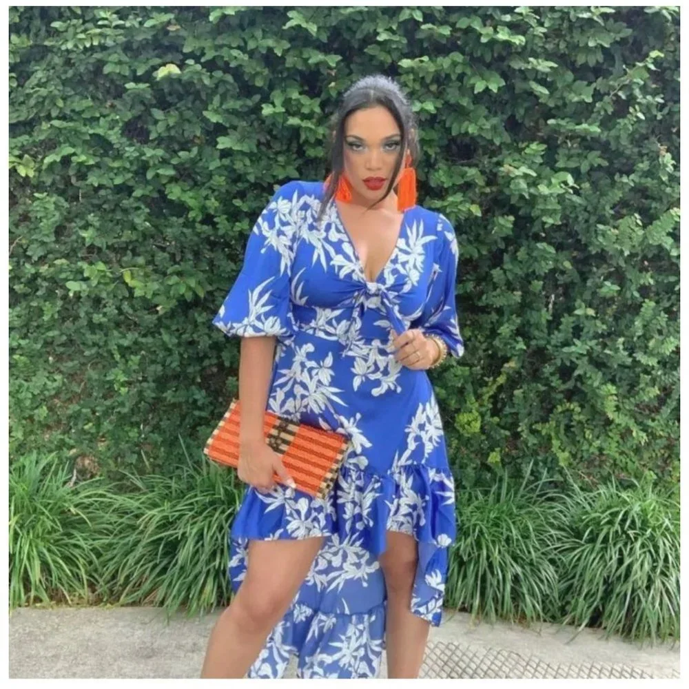 NWT ALEXIS for Target Blue Floral Tie-Front High-Low Dress Medium - Picture 7 of 16